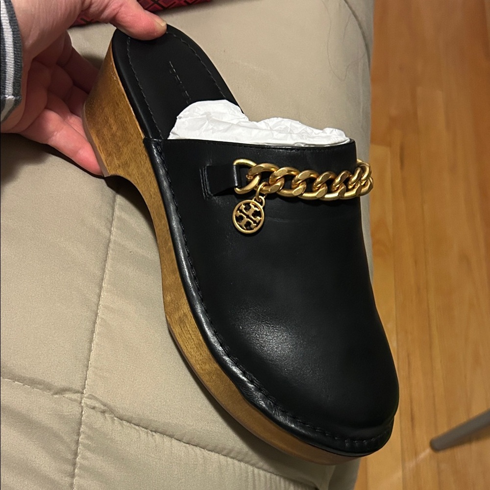 Tory Burch Black Leather Mules with Gold Chain. New with tag and box
